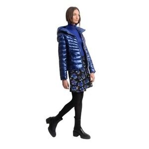 Molly Bracken Blue Iridescent Shiny Hooded Quilted Full Zip Puffer Jacket Size L